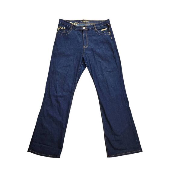 Ruff Ryders Y2K Flare embroidered Jeans size 14 (34x31) dark wash gold accent - Picture 6 of 11